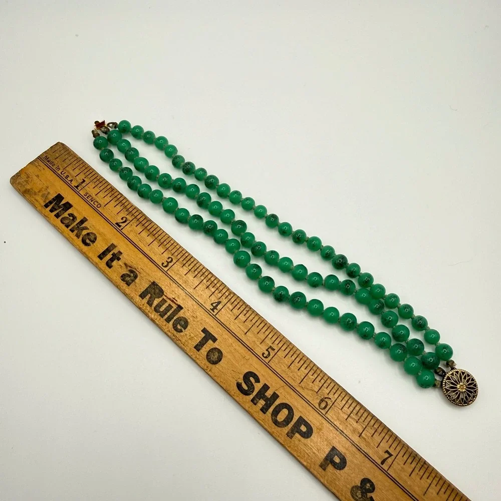 Vintage Triple Strand Green Speckled Bead‎ Bracelet Sterling Silver Clasp